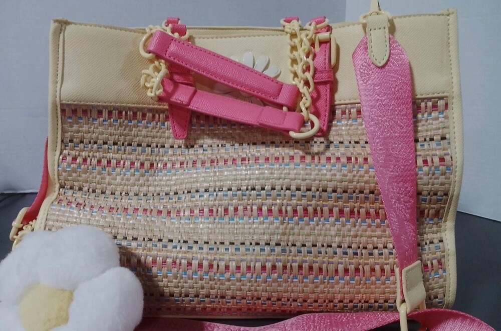 Betsey Johnson Xobeca-U Large Woven Straw Tote Crossbody Bag with Daisy Charm